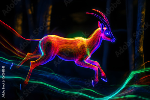 A captivating visualization of neon light streaks shaping an ibex in mid-leap through a shadowy forest backdrop --ar 3:2 --s 50