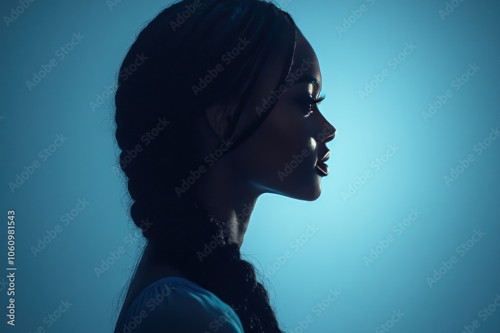Elegant Profile Silhouette Against Blue Light Elegant Profile Silhouette Against Blue Light