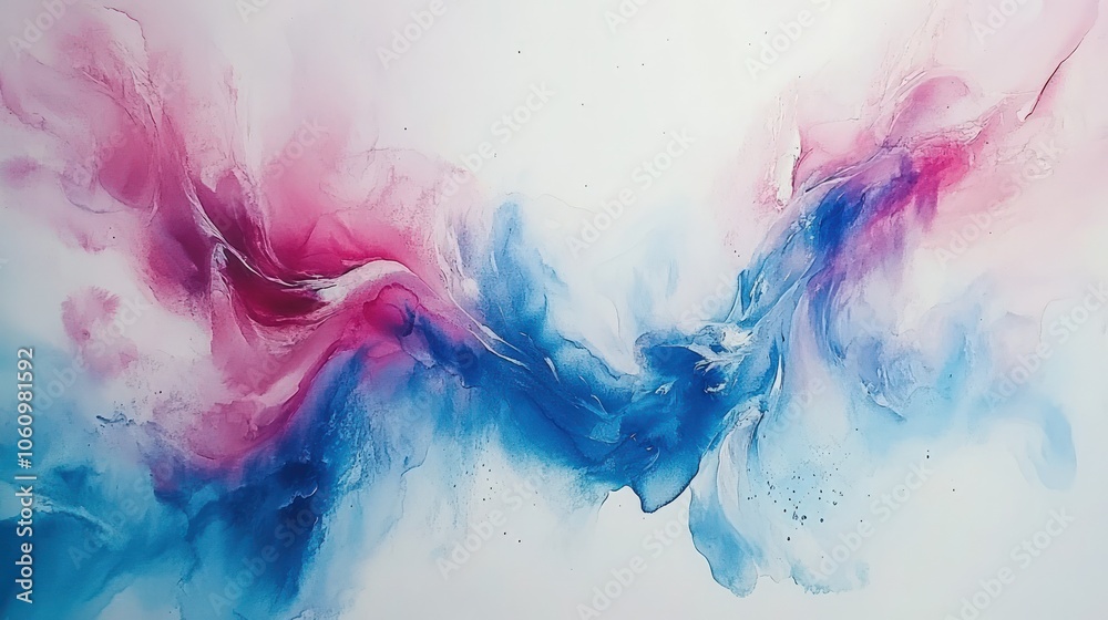 Abstract painting with pink, blue, and gold swirls on a white background.
