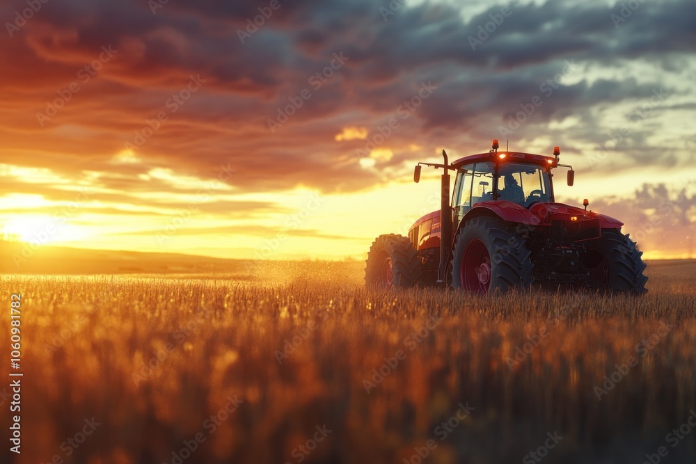 Fototapeta premium Tractor at Sunset Over Golden Field