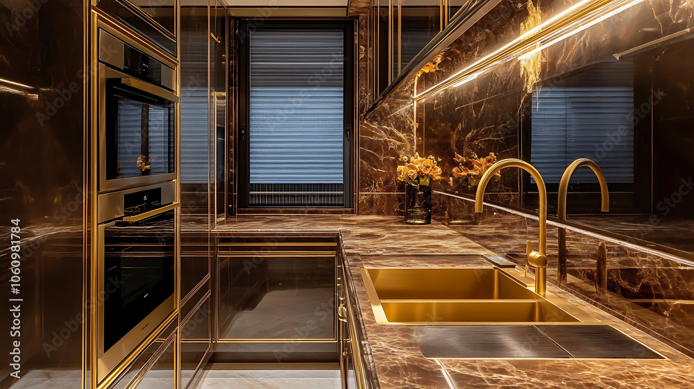 Fototapeta premium luxury kitchen sink with gold faucet and marble countertop