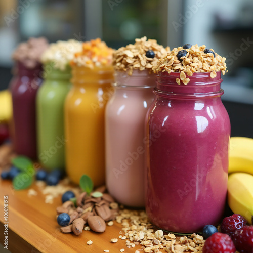 Colorful Smoothie Jars with Granola Toppings and Fresh Ingredients