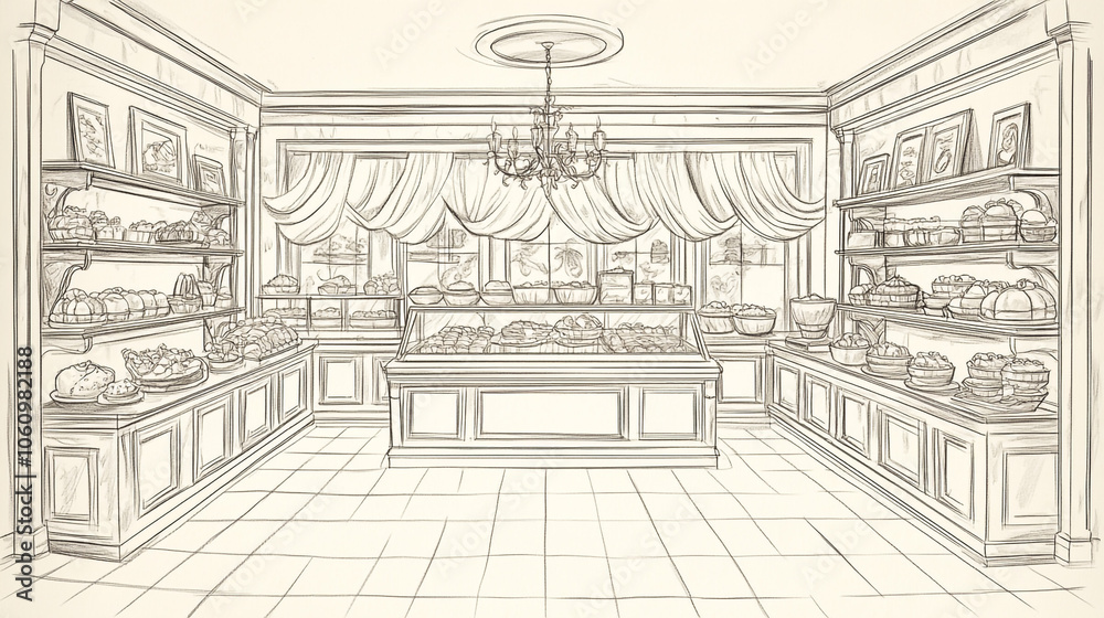 Fototapeta premium Hand Drawn Sketch of Vintage Bakery Interior with Shelves and Display Cases