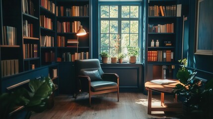 stylish office room featuring a bookcase and window, designed for virtual meetings, with a polished and professional aesthetic suitable for zoom backgrounds and video conferencing