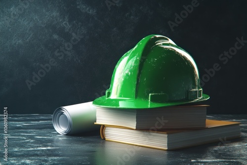 Green Hard Hat on Books and Blueprint Roll