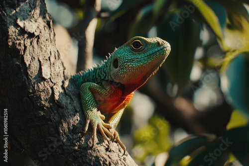 Vibrant Lizard Perched on Tree Branch in Nature