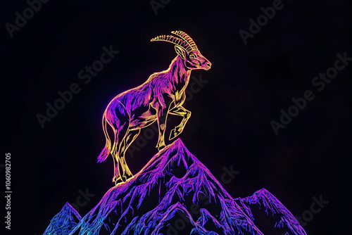 A detailed and eye-catching neon sketch of an ibex climbing a snow-covered mountain peak, isolated on a black backdrop. photo