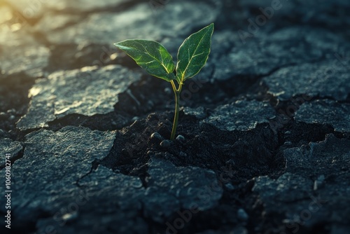 Resilient Plant Growing in Cracked Soil at Sunrise