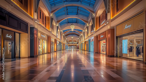 empty shopping mall with sleek and modern architecture, featuring high ceilings adorned with LED lighting that adds to the luxurious ambiance of an upscale retail complex