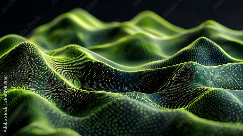 High-resolution scene of mountains with green dot and line wave textures on a black backdrop in 3D High-resolution scene of mountains with green dot and line wave textures on a black backdrop in 3D