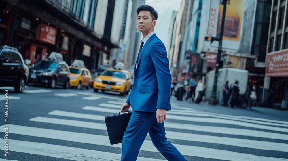 A man in a blue suit is walking across a street with a briefcase A man in a blue suit is walking across a street with a briefcase