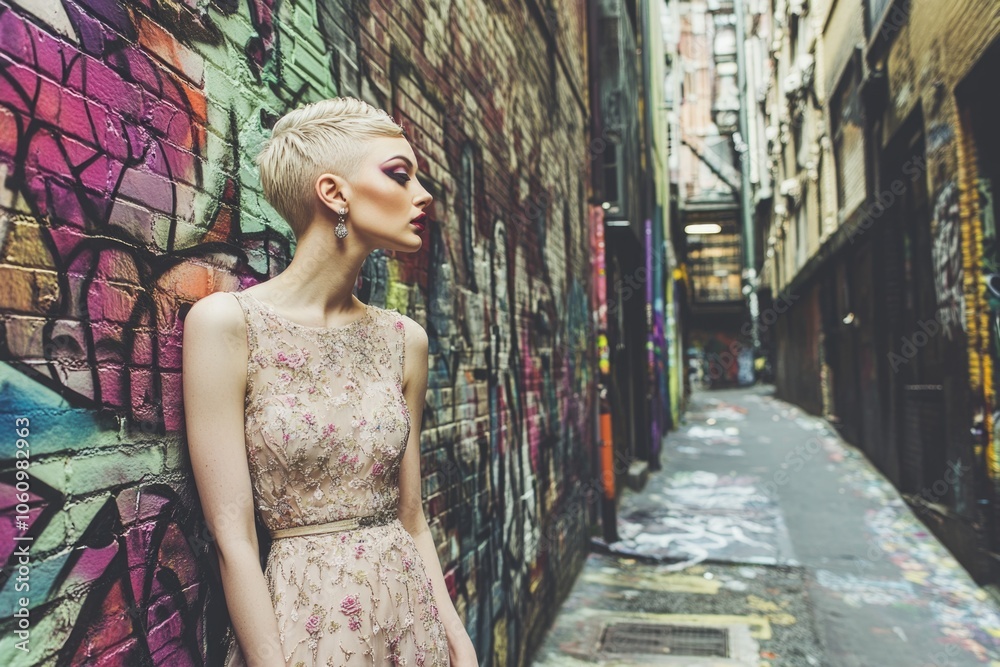 Fototapeta premium Stylish woman in elegant dress posing in urban graffiti alley