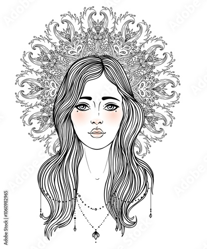 Tribal Goddess. Boho Girl over black and white ornate mandala. Vector ornate decorative illustration isolated on white. Buddhism esoteric motifs. Tattoo, spiritual yoga. Coloring book.