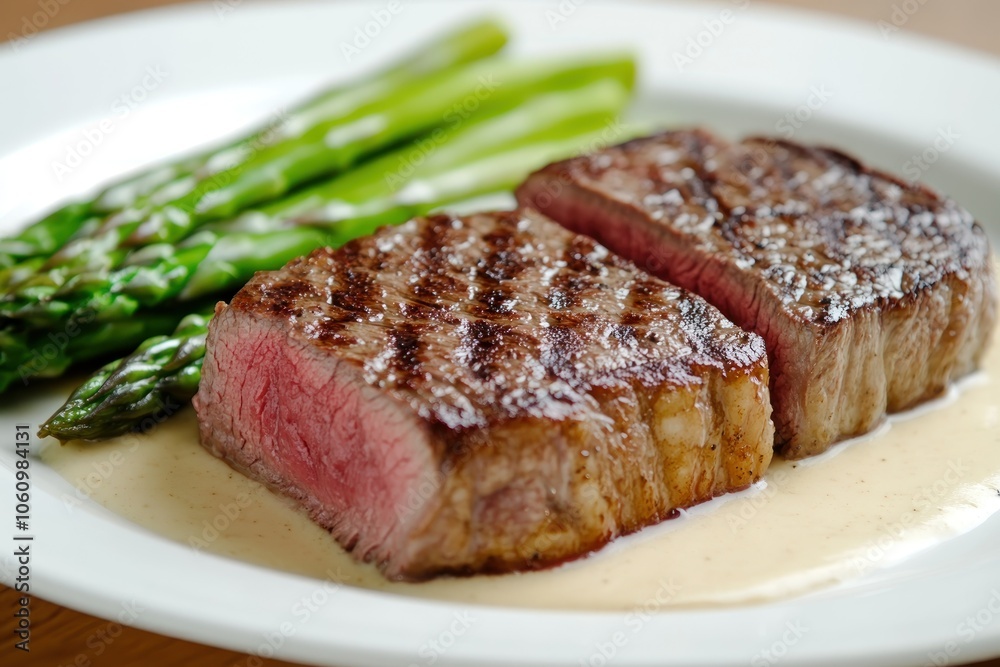 Grilled Steak with Asparagus on a White Plate Grilled Steak with Asparagus on a White Plate