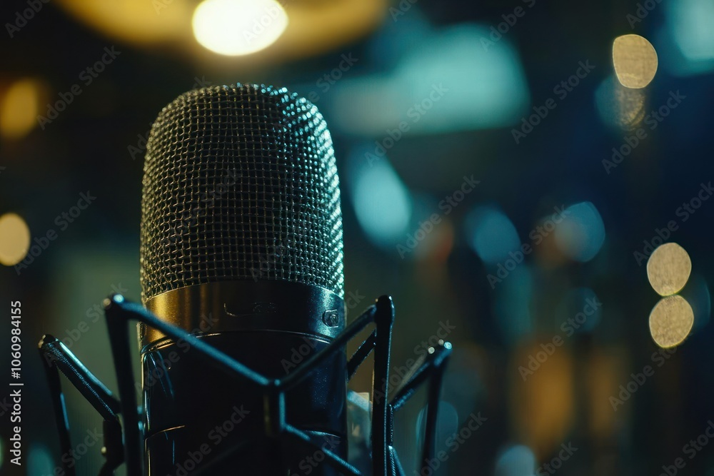 Close-Up of Professional Microphone with Bokeh Background Close-Up of Professional Microphone with Bokeh Background