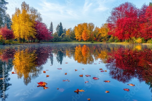 A reflective lake surrounded by trees in shades of red, yellow, and orange, with a calm surface mirroring the colors of autumn and scattered leaves floating on top. photo