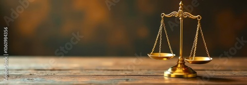 Golden Scale of Justice on Wooden Table with blurred background. Symbolizing law, equality, and fairness in legal matters. Banner with Golden Scale, Copy Space for text