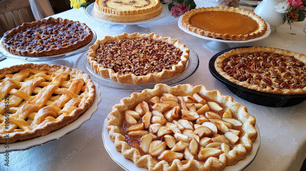 Beautifully arranged Thanksgiving pies on a festive dessert table