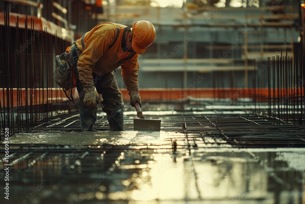 Construction Worker Pouring Concrete on Site Construction Worker Pouring Concrete on Site