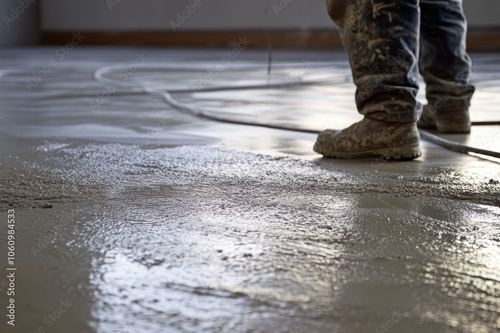 Construction Worker on Fresh Concrete Surface Construction Worker on Fresh Concrete Surface
