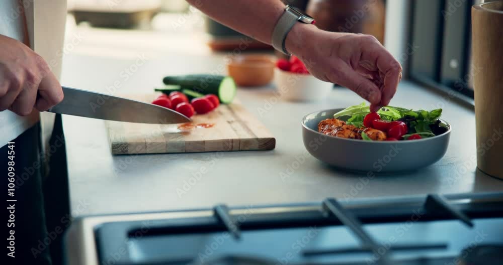 Person, hands and cutting with vegetables on board for meal prep, vegetarian snack or salad in kitchen at home. Closeup, cook or chef with knife for food, tomatoes or organic ingredients for diet