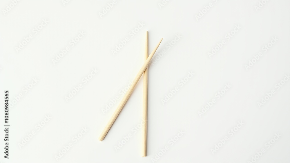Pair of wooden chopsticks arranged on a white background, showcasing a minimalist style. Everyday things for dining. Pair of wooden chopsticks arranged on a white background, showcasing a minimalist style. Everyday things for dining.
