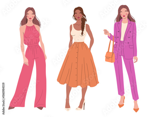 Vector flat illustration of fashionable women in colorful outfits. Fashion models, isolated on a white background.	