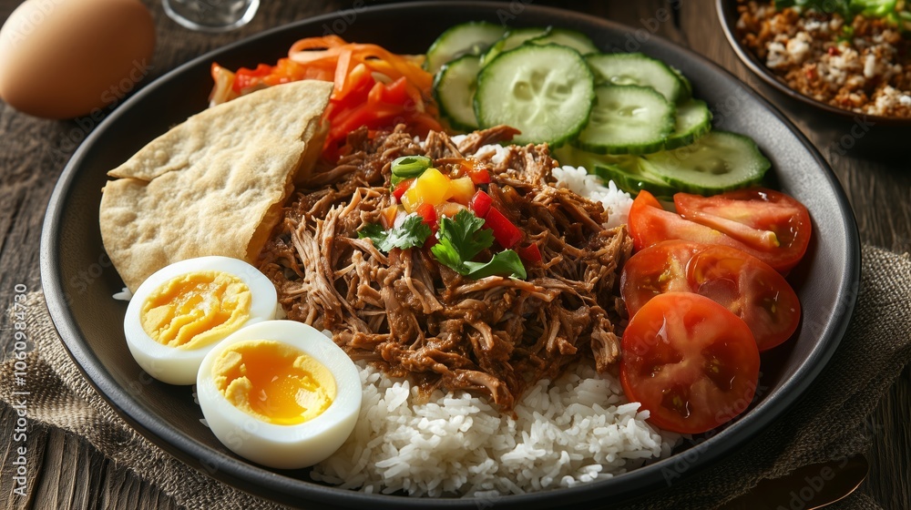 A plate of rice, eggs, tomatoes, and cucumbers on a table A plate of rice, eggs, tomatoes, and cucumbers on a table