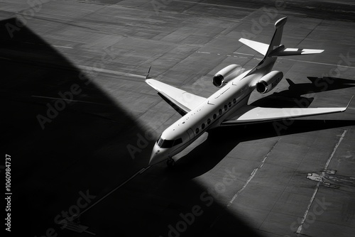 Private jet parked on tarmac casting a long shadow in black and white