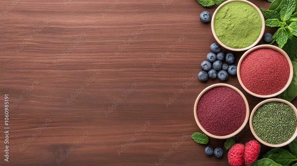 Assorted Superfood Powders and Fresh Berries on Dark Wooden Background, Vibrant and Organic Ingredients, Healthy and Natural, Rustic Wellness Concept, Copy Space for Text
Assorted Superfood Powders and Fresh Berries on Dark Wooden Background, Vibrant and Organic Ingredients, Healthy and Natural, Rustic Wellness Concept, Copy Space for Text