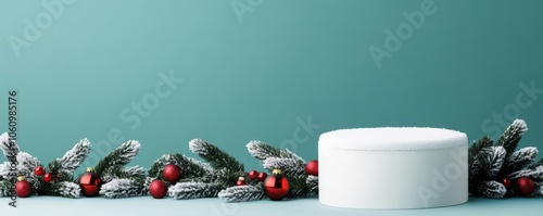 Threelayered podium with snow and holiday garlands, ideal for seasonal product presentation photo