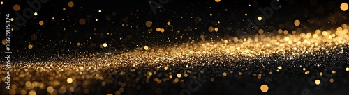 Dark background, a rain of golden particles on the ground, dark blue and gold tones