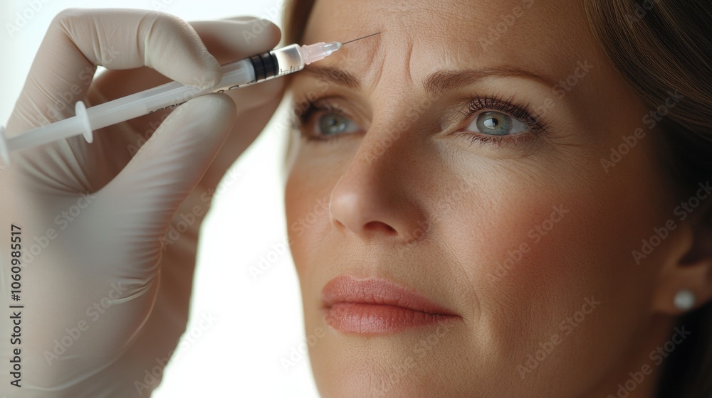 Woman receiving cosmetic injection in forehead Woman receiving cosmetic injection in forehead