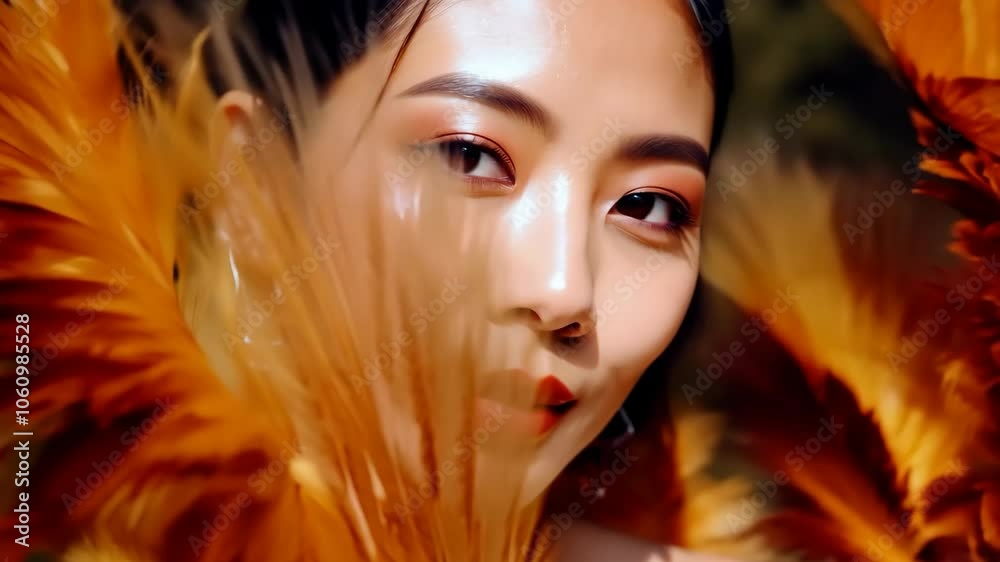 Woman's face partially hidden by vibrant orange feathers in nature setting Woman's face partially hidden by vibrant orange feathers in nature setting