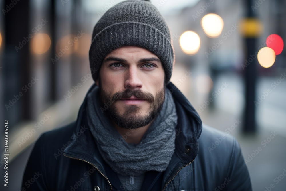 Portrait of a handsome bearded man in a winter hat and jacket. Portrait of a handsome bearded man in a winter hat and jacket.