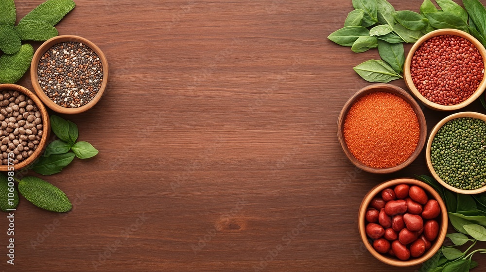 Assorted Spices and Legumes in Wooden Bowls with Green Leaves on Wooden Background, Vibrant Colors, Organic Ingredients, Rustic and Natural Layout, Copy Space for Text
Assorted Spices and Legumes in Wooden Bowls with Green Leaves on Wooden Background, Vibrant Colors, Organic Ingredients, Rustic and Natural Layout, Copy Space for Text