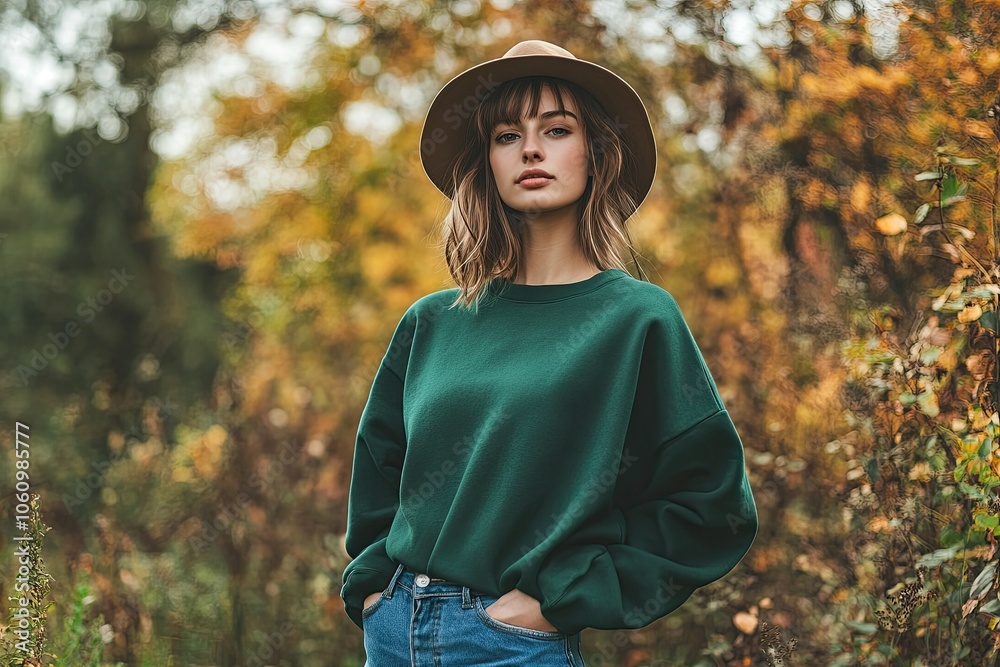 Woman in a teal sweatshirt and hat, a mockup template for an autumn․ Woman in a teal sweatshirt and hat, a mockup template for an autumn․