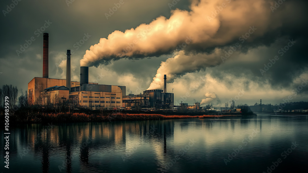 industrial power plant emitting thick co2 smoke from chimney fossil fuel pollution causing global warming industrial power plant emitting thick co2 smoke from chimney fossil fuel pollution causing global warming