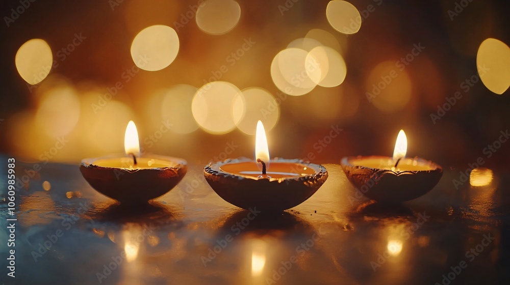 Three Burning Candles in a Dark Room with Bokeh Lights Three Burning Candles in a Dark Room with Bokeh Lights