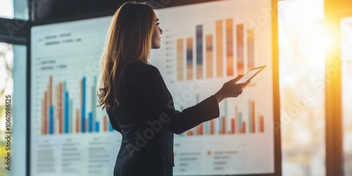 Businesswoman presentation and seminar education with entrepreneur company executive and conference manager marketing, team data with leadership graph
