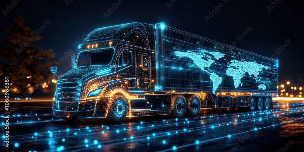 Futuristic digital truck with world map design Futuristic digital truck with world map design