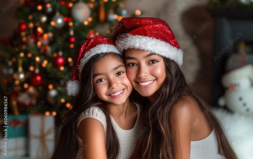 Hermanas latinas posando con gorros de papá noel abrazadas apoyando sus caras, sobre fondo desenfocado de un árbol de navidad decorado, junto a unos paquetes regalos en su base y gran peluche blanco Hermanas latinas posando con gorros de papá noel abrazadas apoyando sus caras, sobre fondo desenfocado de un árbol de navidad decorado, junto a unos paquetes regalos en su base y gran peluche blanco