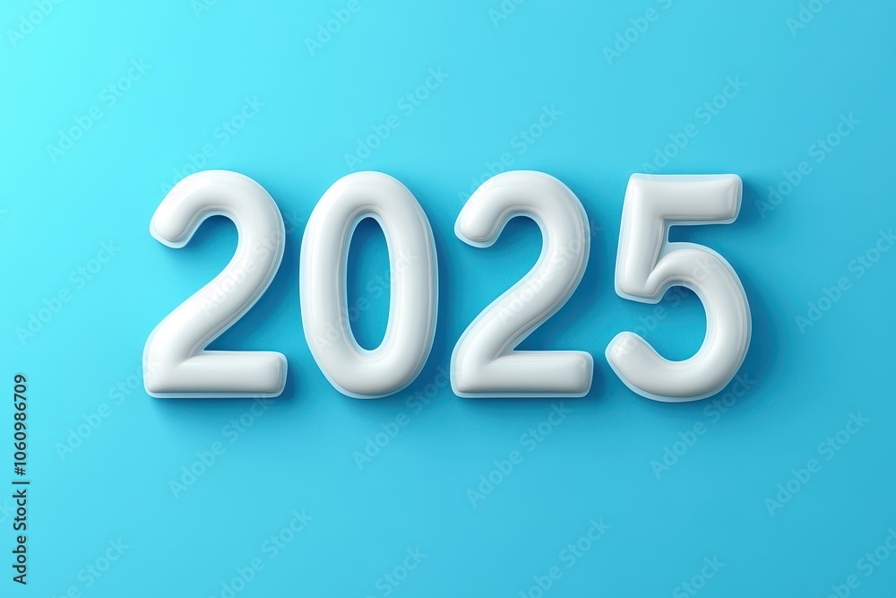 A vibrant blue background featuring bold and glossy 3D numbers representing the year 2025 A vibrant blue background featuring bold and glossy 3D numbers representing the year 2025
