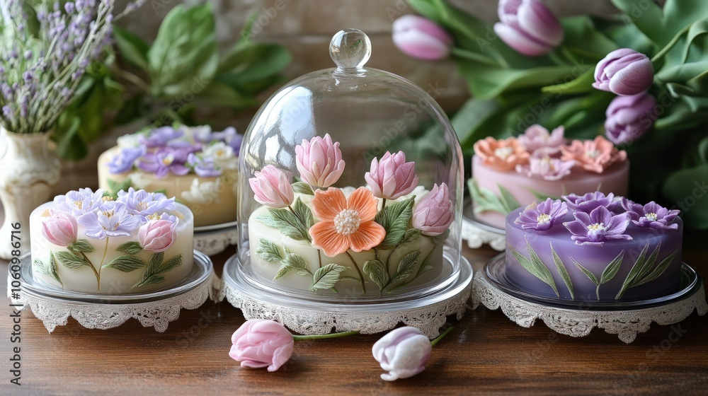 Five floral-decorated cakes under glass domes on a table with tulips. Five floral-decorated cakes under glass domes on a table with tulips.