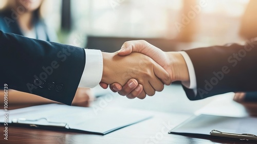 Two individuals shaking hands to signify agreement or partnership in a professional setting.