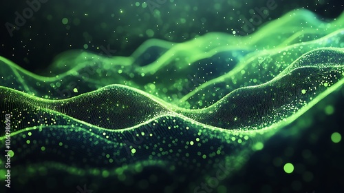 Green wave patterns of dots flowing over 3D mountains on a dark background in detailed high resolution