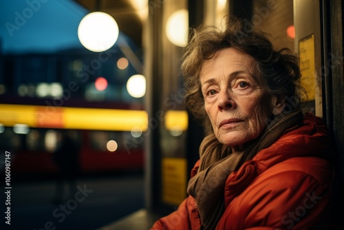 Portrait of senior woman in red jacket on the street at night