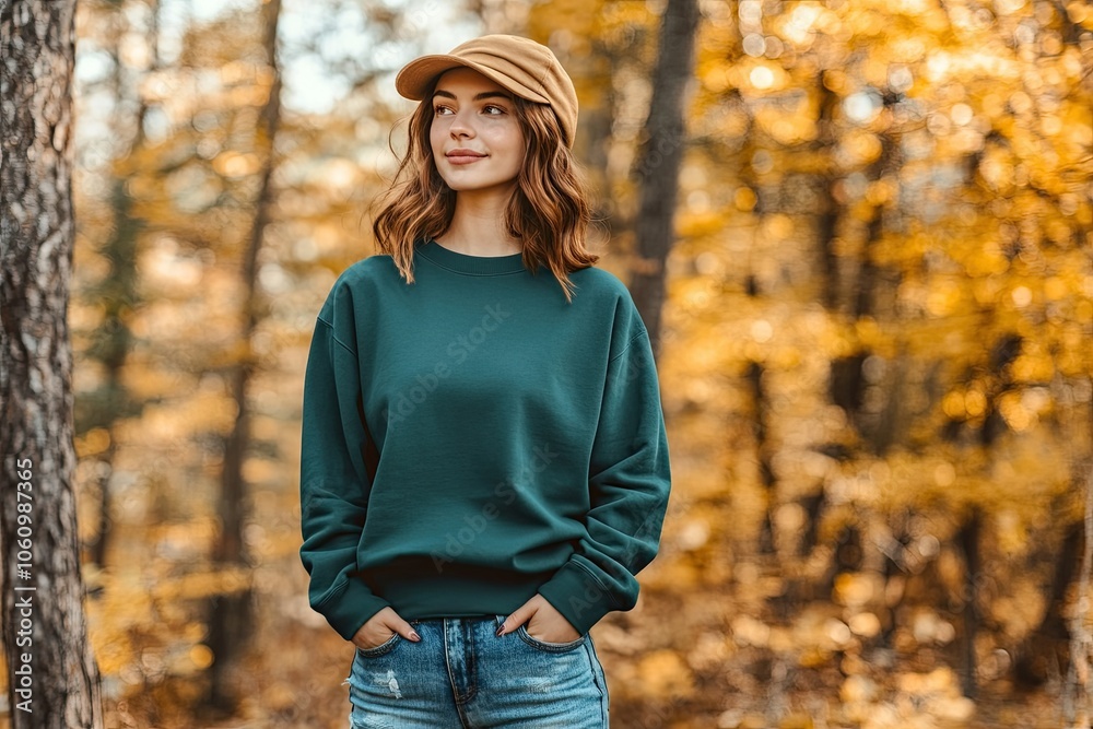 Woman in a teal sweatshirt and hat, a mockup template for an autumn Woman in a teal sweatshirt and hat, a mockup template for an autumn