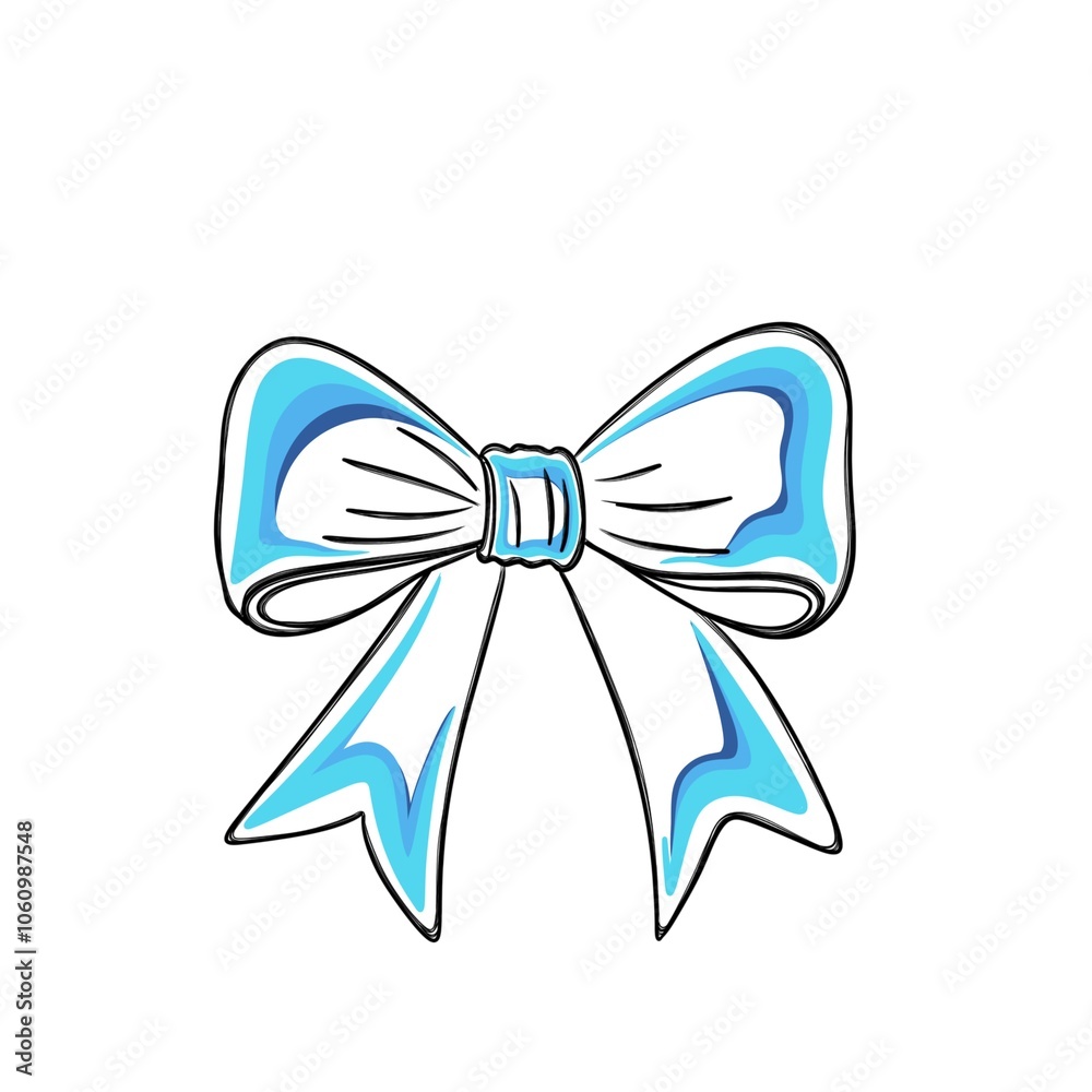 Beautiful festive blue bow with ribbons - line art illustration Beautiful festive blue bow with ribbons - line art illustration