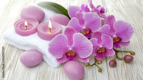 A serene spa setting with candles, orchids, and decorative stones for relaxation.